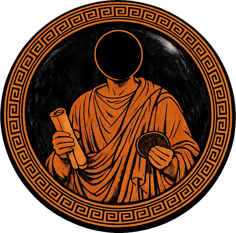 Solon Deva, painted in the manner of an Athenian red-figure cup: a lawgiver in a himation holding a scroll and a bronze ballot, the face an open dark circle, inside a meander ring.