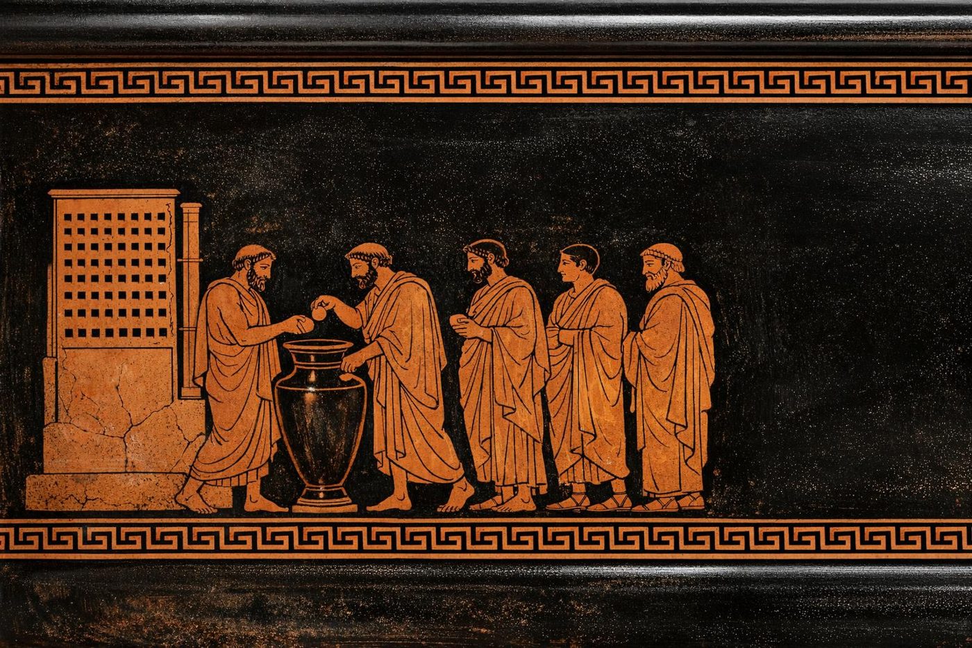 A red-figure frieze: Athenian citizens casting bronze ballots into an urn beside a kleroterion, the allotment stone.