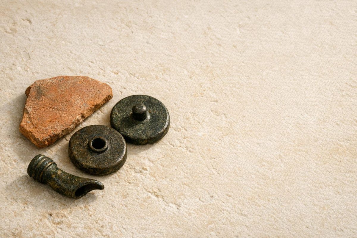 Two bronze Athenian ballot discs, a clay ostrakon and the spout of a water clock on pale limestone.