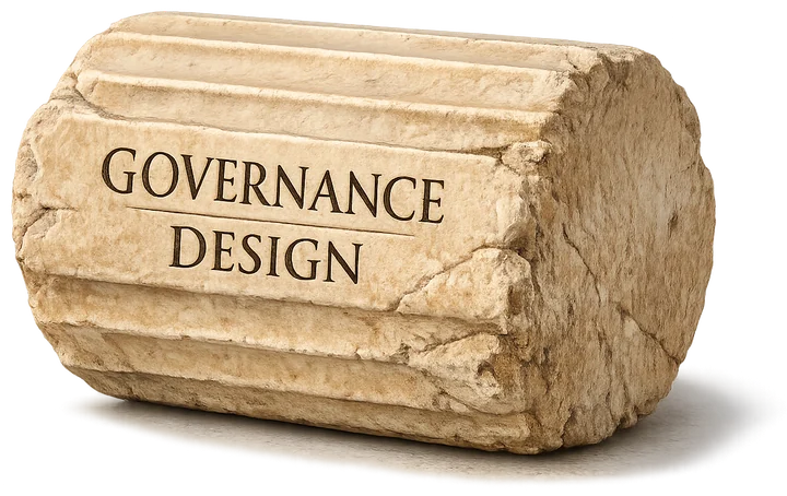 A fluted marble column drum carved with the words Governance Design.