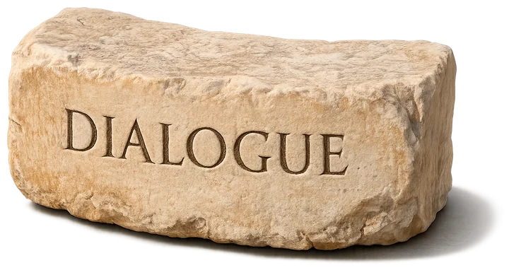 A curved marble seat from the assembly steps of the Pnyx carved with the word Dialogue.