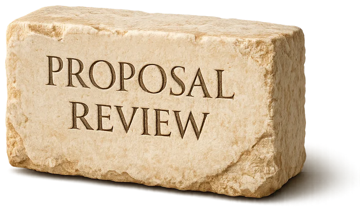 A marble block from a decree stele carved with the words Proposal Review.